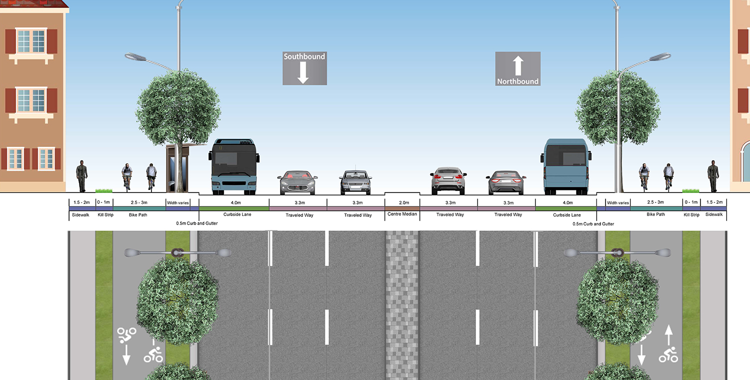 Cross section of Trafalgar Road Improvements from  Hays Boulevard and William Halton Parkway showing the bike path, sidwalk and car lanes.