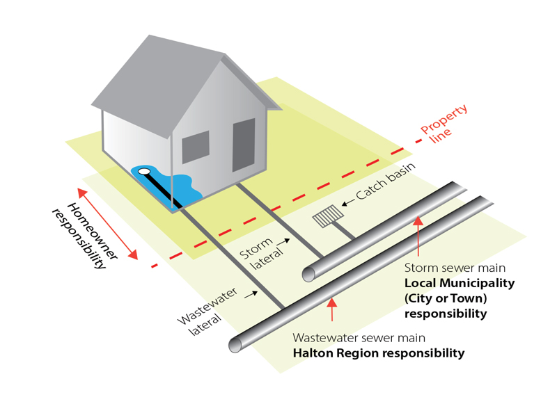 Diagram of house that shows homeowner responsibility, property line, storm lateral, wasterwater lateral, storm sewer main and wastewater sewer main