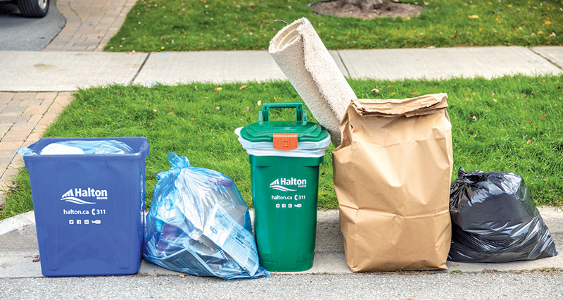 Recycling, green cart, yard waste and garbage at curbside for pickup