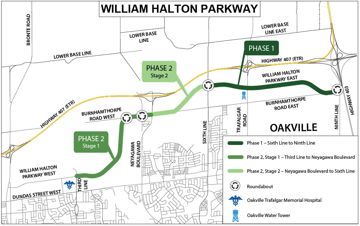 Map of Willam Halton Parkway showing the phases of the project