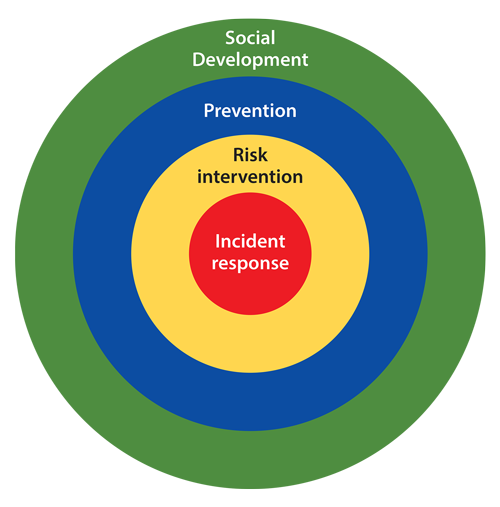 A circular figure depicting a tiered relationship between the four key areas, with each subsequent area inside the one above it.