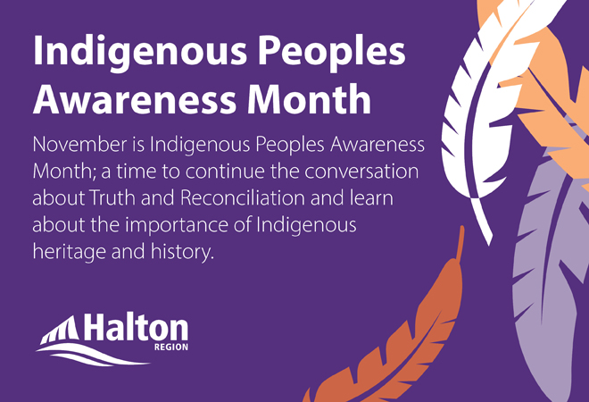 Indigenous Peoples Awareness Month graphic with feathers on a purple background