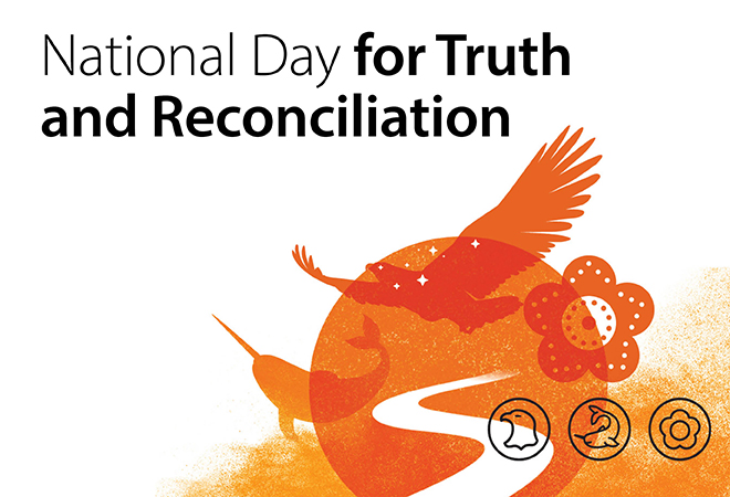 A decorative illustration in the style of Indigenous artists commemorating Nationak truth and Reconciliation Day.