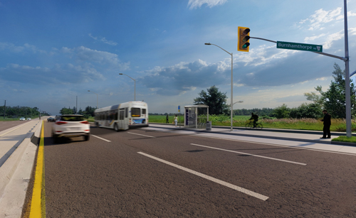 View of southbound Trafalgar Road lanes at Burnhamthorpe Road
