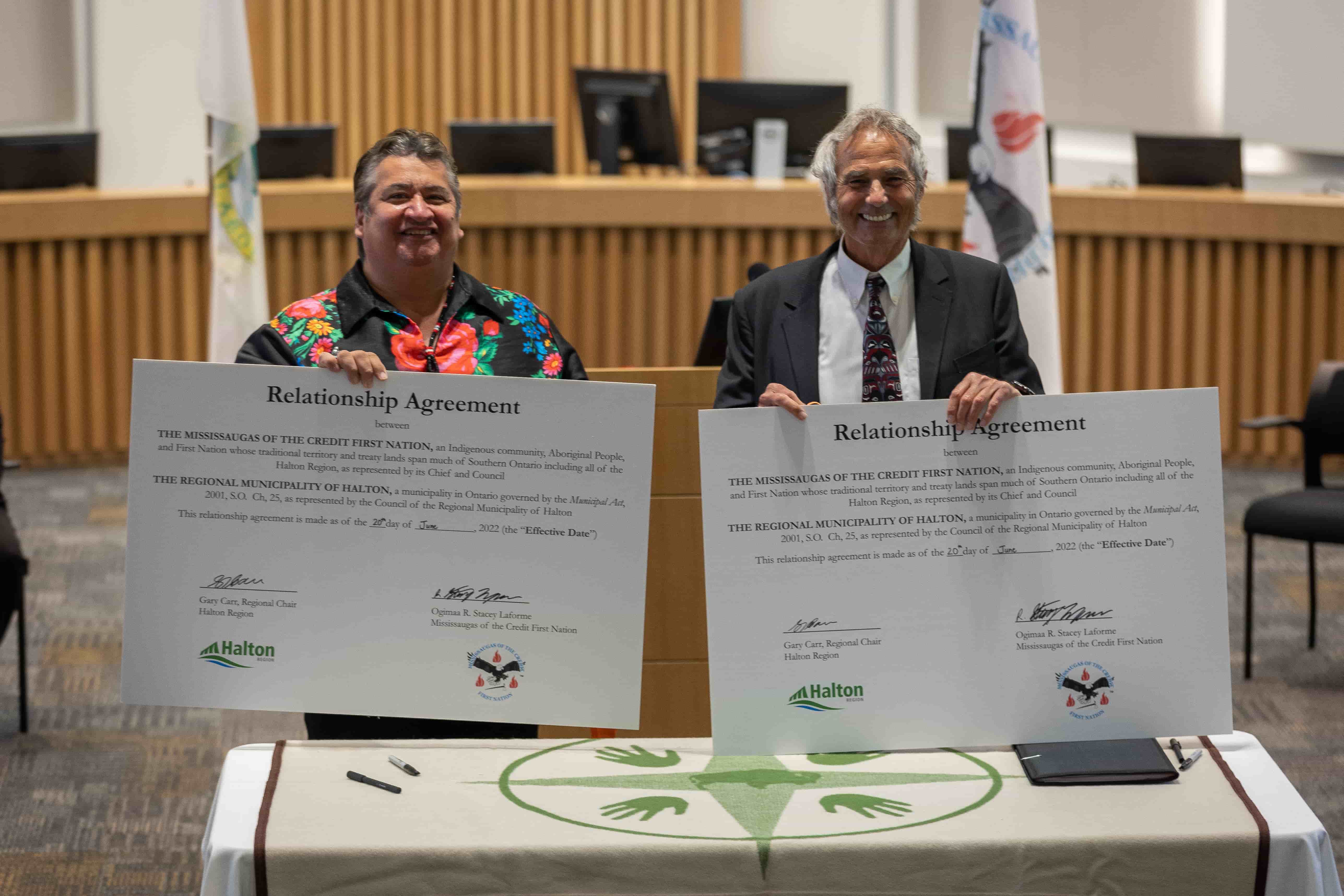 Ogimaa R., Stacey Laforme and Chair Carr in Council Chambers for the official signing of the Relationship Agreement between Halton Region and the Mississaugas of the Credit First Nation.