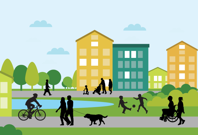 Illustrated graphic of people walking and playing in a neighborhood.