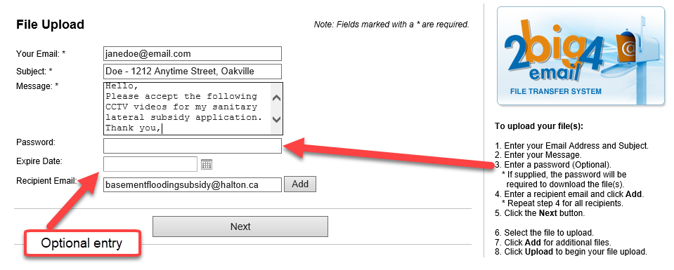 A dropbox visual depicting the instructions to upload a file to the 2big4email dropbox.