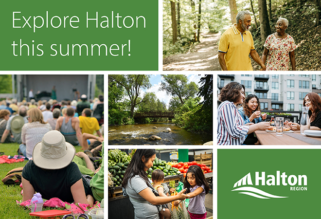 Explore Halton this summer! Collage of images of friends and families enjoying outdoor activities. 