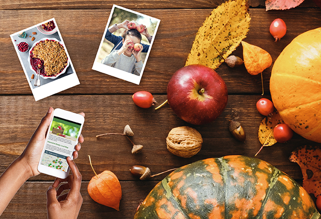 wooden background with fall seasonal food on the right side such as apples and pumpkins. A hand with a cellphone to the left of the image and polaroid photos of fall themed images in the centre